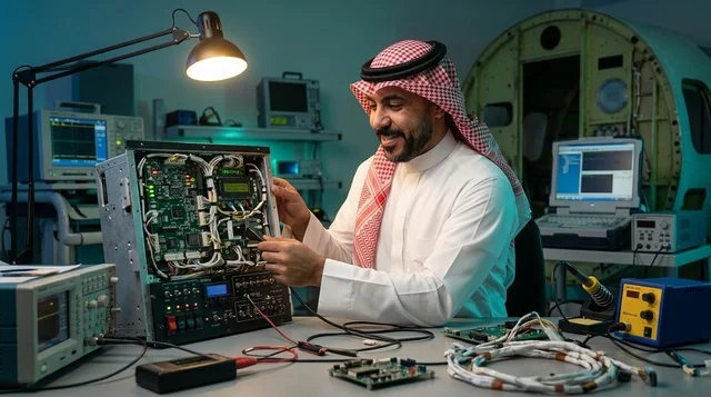 Saudi Engineer Working on Electronics in Lab Workshop