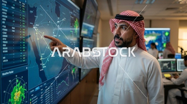 Saudi Man pointing at Data in Operations Control Room