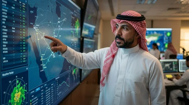 رجل أعمال سعودي يتابع البيانات في غرفة عمليات رقمية