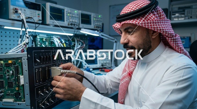 مهندس سعودي بالزي التقليدي يعمل في مختبر الإلكترونيات
