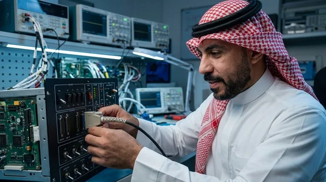 Saudi Engineer in Traditional Attire Working in Electronics Lab
