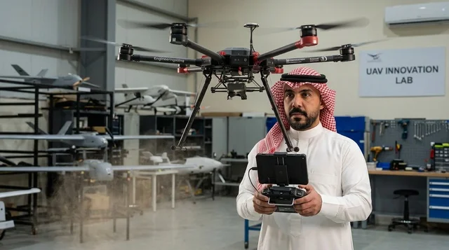 مهندس سعودي يوجه طائرة بدون طيار داخل مختبر الابتكار