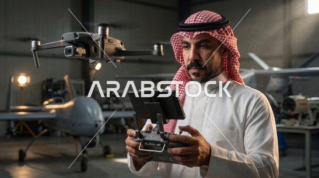 رجل سعودي يتحكم بطائرة بدون طيار في حظيرة طائرات