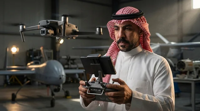 Saudi Man Operating Drone with Remote in Aviation Hangar