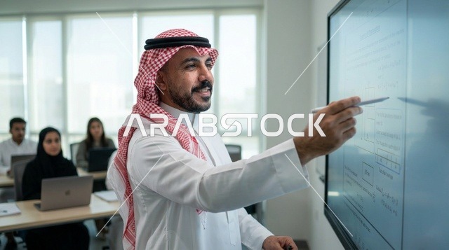 معلم سعودي يشير إلى الشاشة الذكية التفاعلية في الفصل