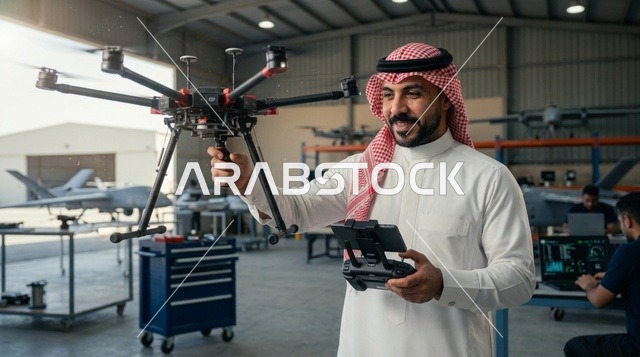 Saudi Engineer Operating Large Industrial Drone in Hangar