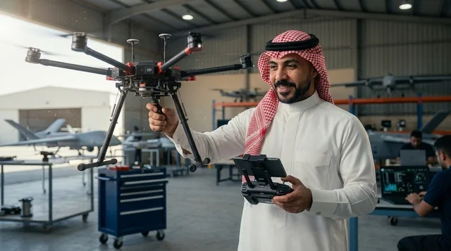 Saudi Engineer Operating Large Industrial Drone in Hangar