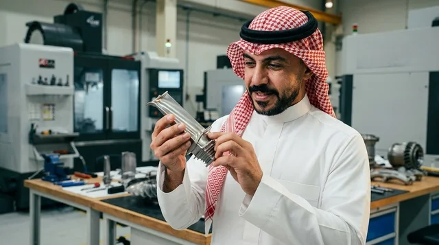 Saudi Engineer Examining Metal Turbine Part in Factory