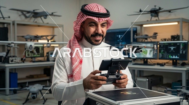 رجل سعودي يشغل طائرة بدون طيار في مختبر تقني