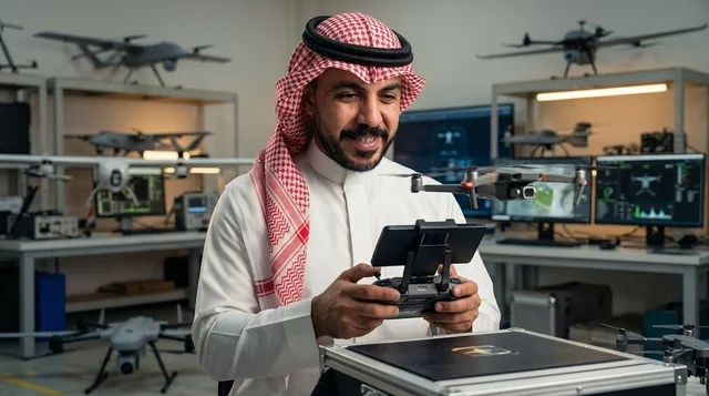 Saudi Man Operating Drone in Technology Laboratory