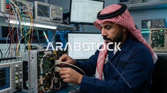 مهندس سعودي يعمل على الأجهزة الإلكترونية في المختبر
