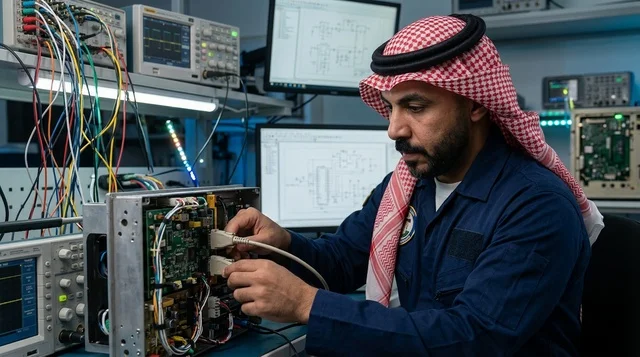 Saudi Engineer Working on Electronics in High Tech Lab