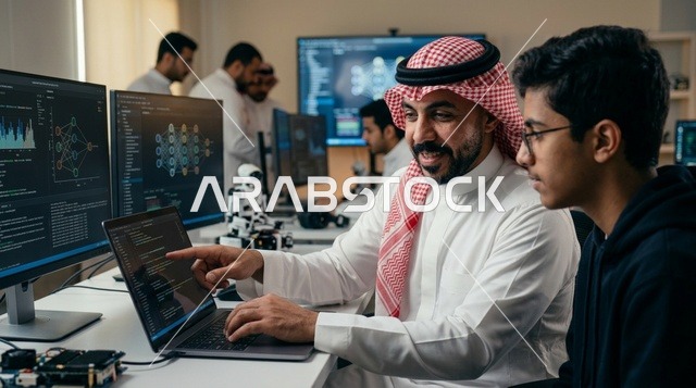 معلم سعودي يشرح الدرس على سبورة ذكية داخل الفصل الدراسي