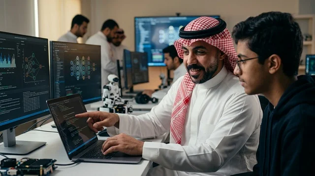 A Saudi teacher explains the lesson on a smart board inside the classroom.