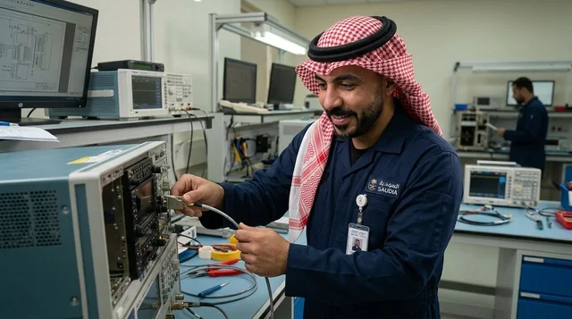مهندس سعودي بالزي الرسمي يعمل في مختبر الإلكترونيات