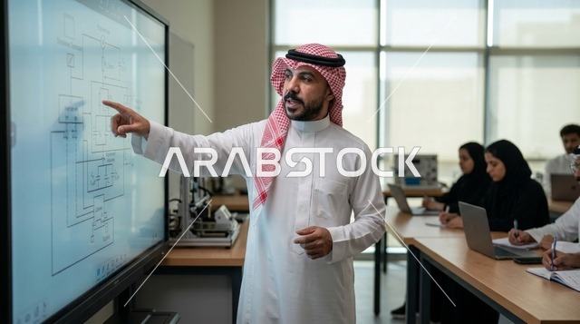 Saudi Teacher Explaining Lesson on Smartboard in Classroom