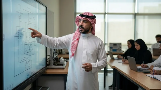 Saudi Teacher Explaining Lesson on Smartboard in Classroom