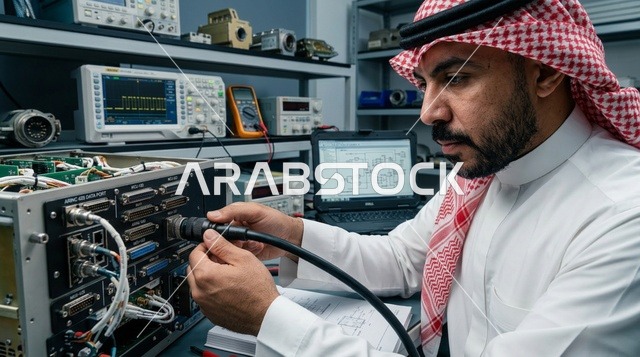 مهندس سعودي يوصل كابلات الأجهزة في مختبر إلكترونيات