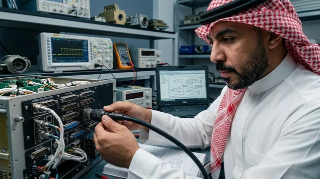 Saudi Engineer Connecting Cables in Technology Lab