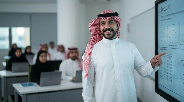 Saudi Lecturer in Classroom Pointing at Smart Screen