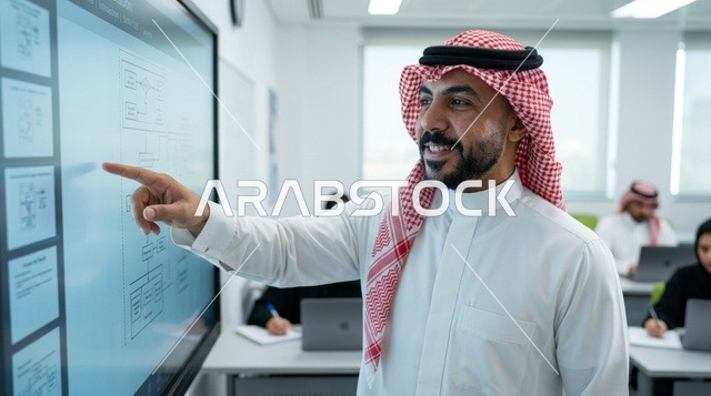 Saudi Instructor Pointing at Interactive Classroom Screen