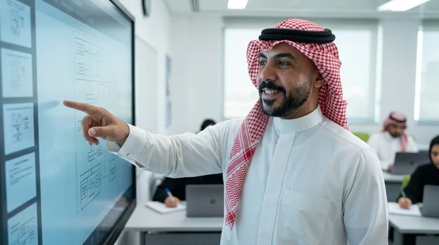 Saudi Instructor Pointing at Interactive Classroom Screen