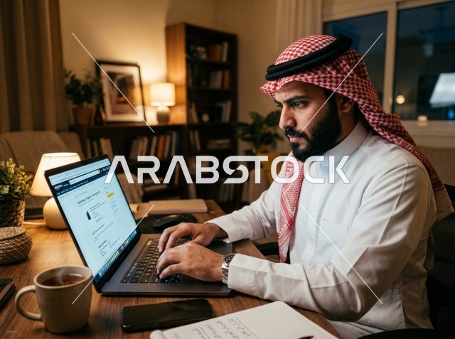 رجل سعودي يعمل على جهاز المحمول من مكتبه المنزلي ليلاً