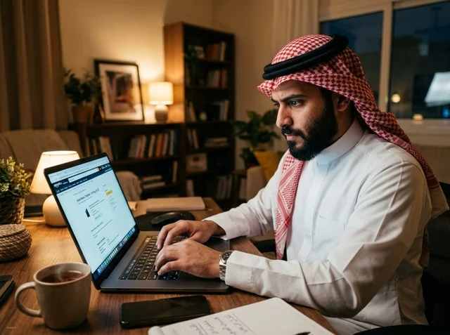 Saudi Man Working on Laptop at Home Office at Night