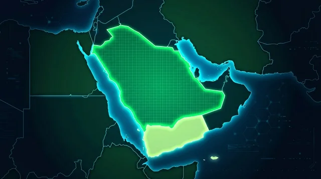 خريطة رقمية مضيئة للمملكة العربية السعودية والشرق الأوسط