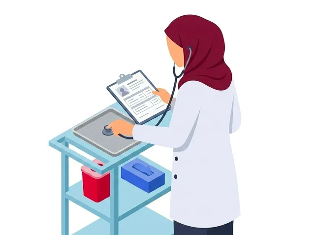 Isometric Muslim Doctor Hijab Medical Vector Illustration