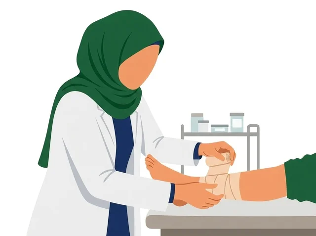 Muslim Female Doctor Bandaging Patient Injured Foot