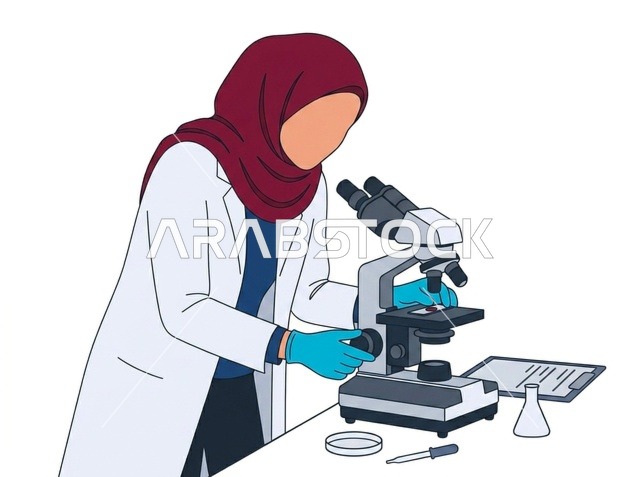رسم توضيحي لعالمة مسلمة تستخدم المجهر في المختبر
