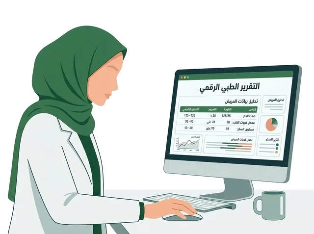 Muslim Female Doctor Reviewing Digital Medical Report