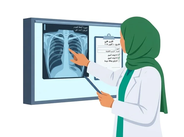 رسم توضيحى لطبيبة محجبة تفحص الأشعة السينية للصدر