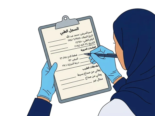 Muslim Nurse Writing on Arabic Medical Record Clipboard