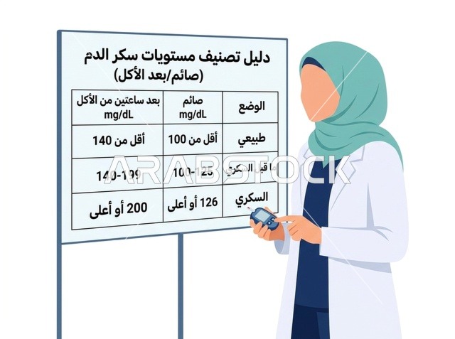 طبيبة مسلمة تشرح جدول مستويات سكر الدم في رسم توضيحي
