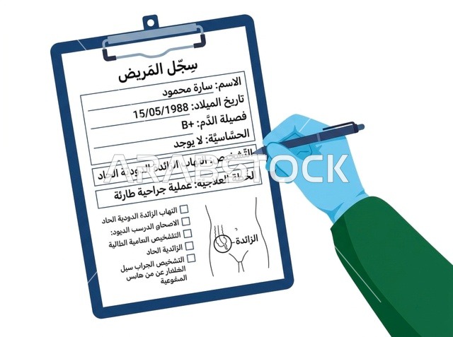 رسم توضيحي لسجل المريض الطبي باللغة العربية