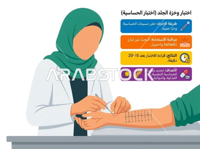Skin Prick Allergy Test Vector Illustration with Arabic Text