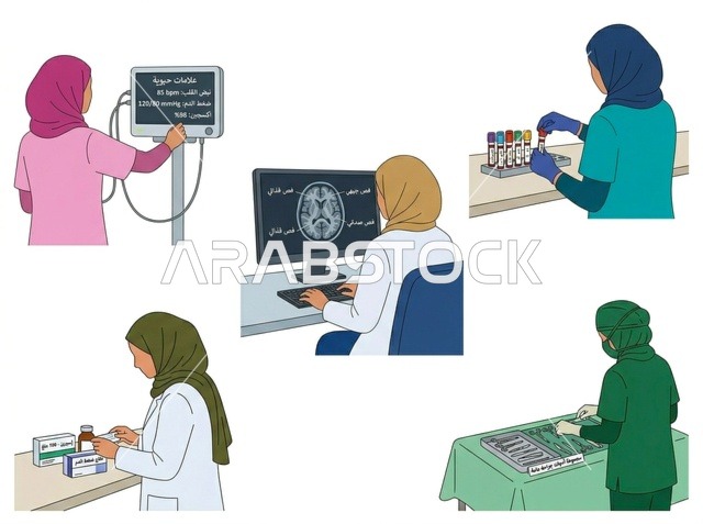 رسوم توضيحية لطبيبات وممرضات عربيات في المختبر والمستشفى