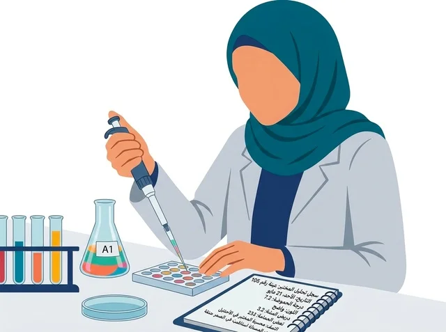 رسم توضيحي لعالمة مسلمة محجبة تعمل داخل معمل التحاليل العلمية