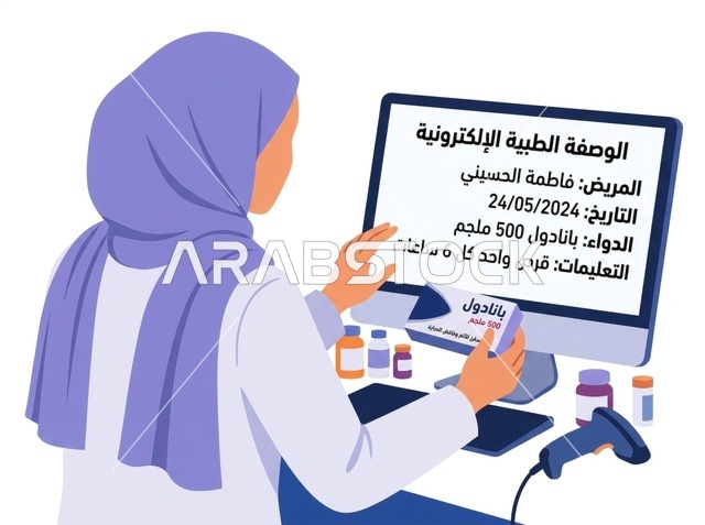 رسم توضيحي لصيدلانية مسلمة تتحقق من وصفة طبية إلكترونية