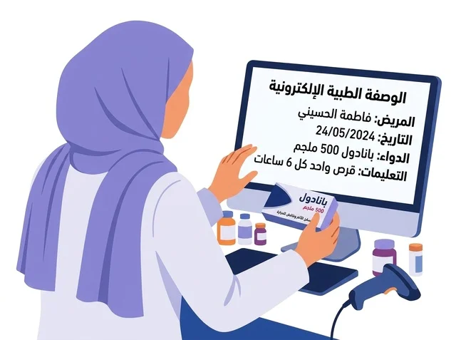 رسم توضيحي لصيدلانية مسلمة تتحقق من وصفة طبية إلكترونية