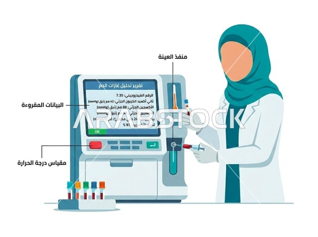 رسم توضيحي لتحليل دم طبيبة عربية