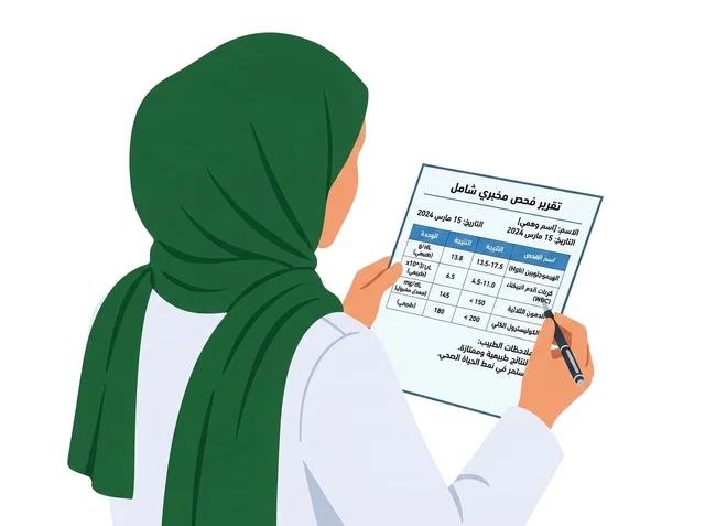 طبيبة عربية تراجع تقرير فحص طبي مخبري