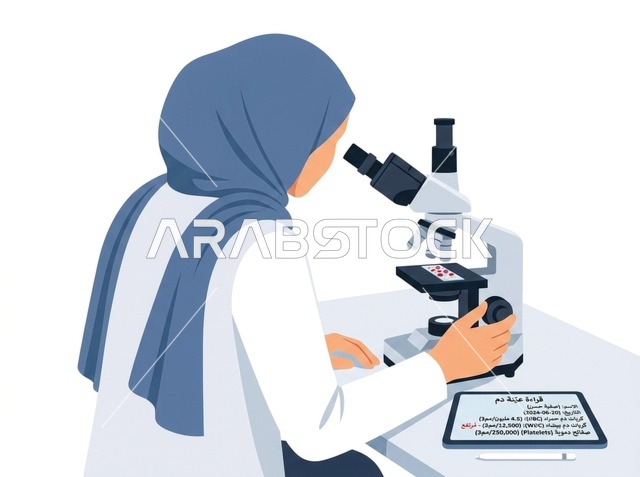 Female Muslim Scientist Using Microscope in Lab Vector