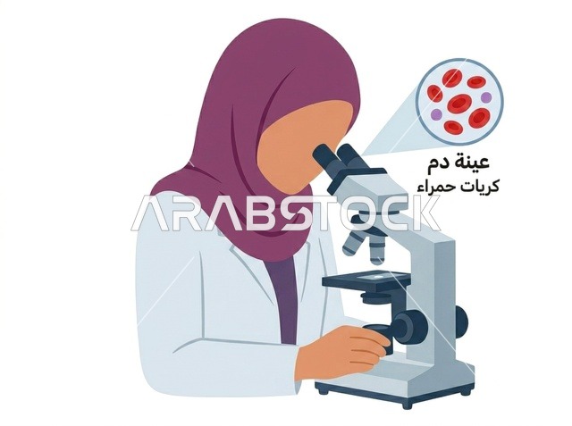 رسوم توضيحية لطبيبة مسلمة تفحص خلايا الدم بالمجهر