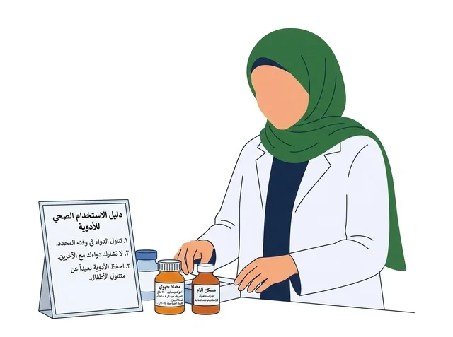 Female Muslim Pharmacist with Medicine Bottles Vector