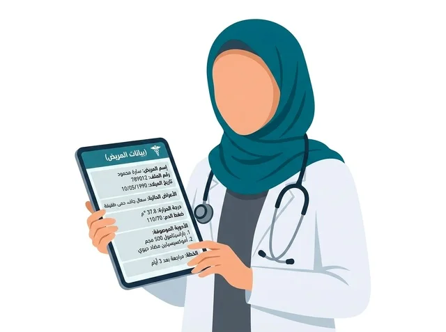 طبيبة مسلمة ترتدي الحجاب تحمل ملف المريض الإلكتروني