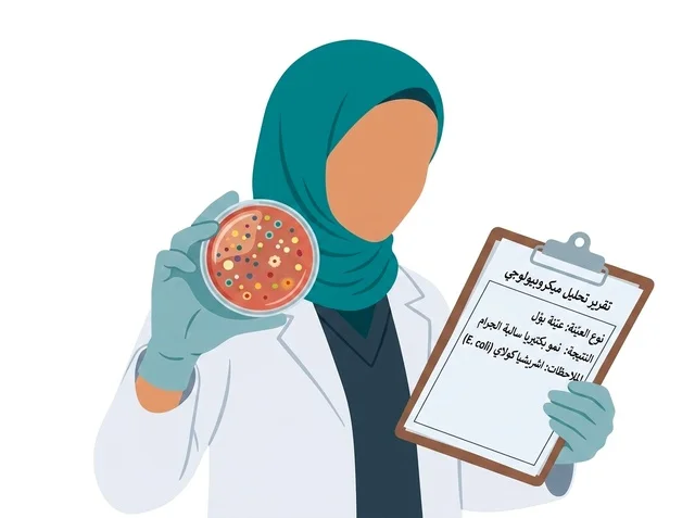 رسم توضيحي لعالمة مختبر مسلمة تحمل تقرير ميكروبيولوجي