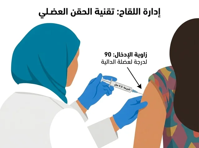 رسم توضيحي لتقنية الحقن العضلي للقاح باللغة العربية